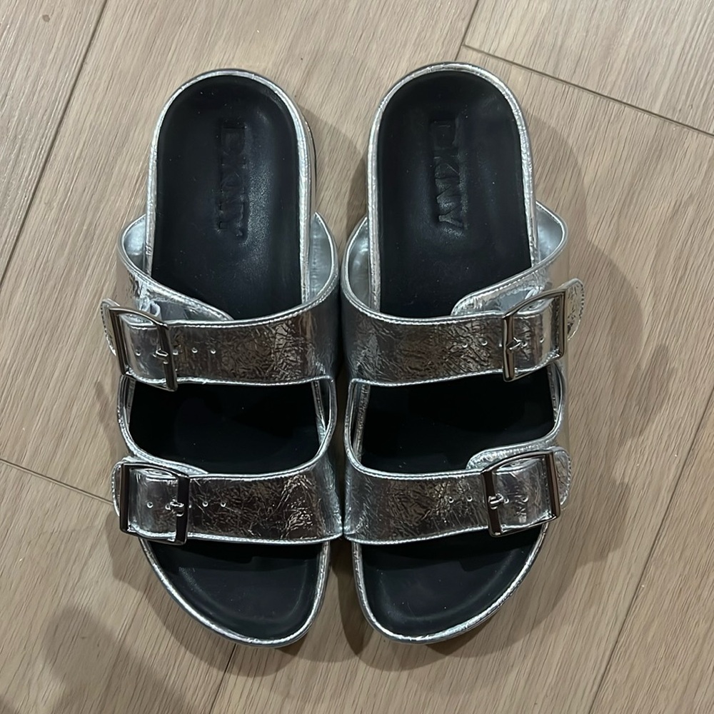 Metallic Silver Double-Buckle Slide Sandals